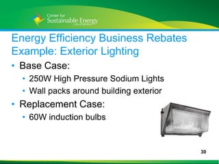 Energy Efficiency Business Rebates
Example: Exterior Lighting
• Base Case:
     • 250W High Pressure Sodium Lights
     • Wall packs around building exterior
• Replacement Case:
     • 60W induction bulbs


                                             30
30
 