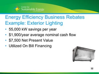Energy Efficiency Business Rebates
Example: Exterior Lighting
•    55,000 kW savings per year
•    $1,900/year average nominal cash flow
•    $7,500 Net Present Value
•    Utilized On Bill Financing




                                             32
32
 