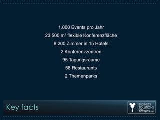 Key facts
1.000 Events pro Jahr
23.500 m² flexible Konferenzfläche
8.200 Zimmer in 15 Hotels
2 Konferenzzentren
95 Tagungsräume
58 Restaurants
2 Themenparks
 