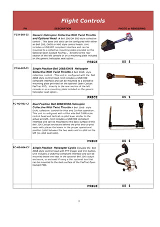 Flight Controls
        PN                         DESCRIPTION                                PHOTO or RENDERING

 FC-H-001-Cl   Generic Helicopter Collective With Twist Throttle
               and Optional Head A Bell 206/OH 58D style collective
               control . This base unit stick can be configured with either
               an Bell 206, OH58 or H60 style control heads. Unit
               includes a USB/HID compliant interface and can be
               mounted to a collective mounting plate provided on the
               Optional Open Cockpit FasTrac , directly to the rear
               section of the left console or on a mounting plate included
               on the generic helicopter seat option .
                                                                 PRICE          US $

 FC-H-002-Cl   Single Position Bell 206B/OH58 Helicopter
               Collective With Twist Throttle A Bell 206B style
               collective control . This unit is configured with the Bell
               206B style control head. Unit includes a USB/HID
               compliant interface and can be mounted to a collective
               mounting plate provided on the optional Open Cockpit
               FasTrac POD, directly to the rear section of the left
               console or on a mounting plate included on the generic
               helicopter seat option .

                                                                 PRICE          US $

FC-HD-003-Cl   Dual Position Bell 206B/OH58 Helicopter
               Collective With Twist Throttle A Bell 206B style
               DUAL collective control for Pilot and Co-Pilot operation .
               This unit is configured with a Pilot side Bell 206B style
               control head and tactical co-pilot lever similar to the
               actual aircraft.. Unit includes a USB/HID compliant
               interface and can be mounted to the deck surface of the
               Bell 206 Cockpit enclosure behind the pilot and co-pilot
               seats with places the levers in the proper operational
               position (pilot between the two seats and co-pilot on the
               left (co-pilot seat side).


                                                                 PRICE          US $

FC-HS-004-CY   Single Position Helicopter Cyclic Includes the Bell
               206B style control head with PTT trigger and trim button.
               Unit includes a USB/HID compliant interface and can be
               mounted below the seat in the optional Bell 206 cockpit
               enclosure, or enclosed if using a the optional box that
               can be mounted to the deck surface of the FasTrac Open
               Cockpit POD.




                                                                 PRICE          US $




                                                         3
 