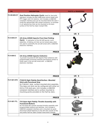 PN                        DESCRIPTION                                    PHOTO or RENDERING

FC-HD-005-CY   Dual Position Helicopter Cyclic Used for dual pilot
               operation includes the Bell 206B style control heads with
               PTT trigger and trim buttons. Unit includes a USB/HID
               compliant interface and can be mounted below the seat if
               using the optional Bell 206 cockpit enclosure, or enclosed
               in an optional box that can be mounted to the deck
               surface of the FasTrac Open Cockpit POD.




                                                                PRICE             US $

FC-H-005-CY    US Army AH64D Apache Front Seat Folding
               Cyclic A replication of the AH 64D gunner cyclic
               assembly. A folding unit that can be tucked away when
               not used to control/fly the aircraft wired with a USB/HID
               electronic interface.




                                                                PRICE             US $

FC-H-004-C     US Army AH64D Apache Collective
                A console mounted AH 64D Apache Pilot Collective with
               programmable functional switches and buttons similar to
               those used in the aircraft wired with a USB/HID
               electronic interface.




                                                                PRICE             US $

FC-F-001-STK   F18/A10 High Fidelity Deck/Surface Mounted
               Stick with Functional Grip
               An F18/A10 style surface mounted stick assembly.
               This base unit stick can be configured with either an
               A10 or F18 style grip. Unit includes a USB/HID
               compliant interface and is surface mounted to
               mounting points provided on the FasTrac deck.


                                                                PRICE             US $

FC-F-001-TTL   F16 Style High Fidelity Throttle Assembly with
               Functional Buttons
               An F18 style left console mounted throttle assembly with
               programmable buttons and switches. Unit includes a
               USB/HID compliant interface and is mounted via quick
               disconnect DZUS fasteners to the left side console of the
               low profile FasTrac Open Cockpit Instrument Console
                                                                PRICE             US $



                                                        4
 