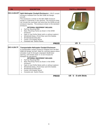 PN                        DESCRIPTION                                    PHOTO or RENDERING

ENC-H-206-SPT Split Helicopter Cockpit Enclosure A SPLIT cockpit
               enclosure modeled from the Bell 206B Jet Ranger
               aircraft.
               This enclosure is similar to the Bell 206B enclosure
               except it is delivered in two sections. The enclosure does
               not include the overhead roof area that the OH58 aircraft
               enclosure requires. The enclosure shown is the standard
               enclosure.
                          OPTIONAL EQUIPMENT INCLUDE:
                    FasTrac Mounting POD
                    Basic Mounting Frame as shown in the OH58
                     enclosure
                    High or Low Profile Skids (with or without casters)
                    Windshield Glass, (Front Door and Chin Bubble
                    Windshield Dividing Rail
                    Center LCD Display Mount
                    Consoles and Switch Panels
                                                               PRICE              US $

ENC-H-206-TP   Transportable Helicopter Cockpit Enclosure
               A transportable cockpit enclosure modeled from the Bell
               206B Jet Ranger aircraft. Ideal for confined spaces where
               simulator must fit through a standard 36x80 door
               opening. Unit breaks down in 15-20 minutes for
               transport by one person.
                          OPTIONAL EQUIPMENT INCLUDE:
                    FasTrac Mounting POD
                    Basic Mounting Frame as shown in the OH58
                     enclosure
                    High or Low Profile Skids (with or without casters)
                    Windshield Glass, (Front Door and Chin Bubble
                    Windshield Dividing Rail
                    Center LCD Display Mount
                    Consoles and Switch Panels


                                                               PRICE        US $ - $ with Skids




                                                        8
 