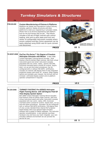 Turnkey Simulators & Structures
       PN                           DESCRIPTION                                PHOTO or RENDERING

PFM-GS-650     Custom Manufacturing of Fixtures & Platforms
               RealSims can design and manufacture custom fixtures,
               consoles, gantry’s, display structures and other
               platforms to meet your engineering or simulator needs.
               Shown here is an Avionics Engineering Test Platform
               built for the Gulf Stream 650 aircraft . The fixture
               includes a full set of flight controls with control
               loading, pilot and co-pilot seats and front and
               center re-configurable instrument consoles where
               avionic systems and Nav Comm equipment can be
               easily attached using DZUS rails for quick connect
               and disconnect
                                                                   PRICE        US $


TK-6DOF-206B   FasTrac Pro-Series™ Six Degree of Freedom
               Helicopter Simulator with Motion A Bell 206B
               Turbine Helicopter Training Device Includes : Dual
               Position (Pilot & CoPilot) flight controls, 206 front virtual
               instrument panel and center instrument consoles
               populated with nav comm. radios., Garmin 430 GPS,
               functional overhead switch console for turbine engine
               start, run-up and shut-down procedures, Can be
               configured with or without FAA AATD certification,
               includes (3) channel 180 degree field of view integrated
               projection system with three 70” screens. Other display
               options are available upon request. Can be built with an
               enclosed collimated display system and on platform
               operator compartment if required.



                                                                   PRICE         US $


TK-220-206B    TURNKEY FASTRAC Pro-SERIES Helicopter
               Flight Training Device with 220 Degree Field Of
               View Display System Option
               Bell 206B Turbine Helicopter Training Device Includes :
               Dual Position (Pilot & CoPilot) flight controls, 206 front
               virtual instrument panel and center instrument consoles
               populated with nav comm. radios, GPS, functional
               overhead switch console for turbine engine start, run-up
               and shut-down procedures. Simulator can be configured
               with or without FAA AATD certification, 220 degree field
               of view curved, blended three channel DLP projector
               based display with truss optional flight simulator
               software with a global hi-fidelity database. The instructor
               operator console/station is also optional, purchase
               hardware only and have your team integrate your own
               simulator software environment we can provide the
               service for you.
                                                                                US $

                                                            9
 