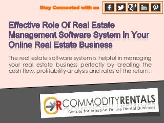 Stay Connected with us
The real estate software system is helpful in managing
your real estate business perfectly by creating the
cash flow, profitability analysis and rates of the return.
 