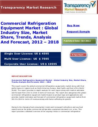 Transparency Market Research




Commercial Refrigeration                                                Buy Now
Equipment Market : Global
                                                                        Request Sample
Industry Size, Market
Share, Trends, Analysis
And Forecast, 2012 – 2018                                           Published Date: Oct 2012




 Single User License: US $ 4595                                               72 Pages Report

 Multi User License: US $ 7595

 Corporate User License: US $ 10595



     REPORT DESCRIPTION

     Commercial Refrigeration Equipment Market : Global Industry Size, Market Share,
     Trends, Analysis And Forecast, 2012 – 2018

     This report covers the global commercial refrigeration equipments market along with their
     performance in regions such as North America, Europe, Asia Pacific and Rest of the World
     (RoW). The report provides in-depth analysis for each region along with market estimates
     and forecast from 2011 to 2018 in terms of revenues. The report also categorizes the global
     commercial refrigeration equipment market based on product type and applications and
     provides market estimates and forecast of commercial refrigeration equipment market from
     2012 to 2018 in terms of revenues along with factors affecting its growth.



     Owing to the changing food consumption trends and increased horticulture and sea food
     exports across the globe commercial refrigeration equipment demand is on a rise. This
     report provides a detailed overview of the ongoing trends in commercial refrigeration
 