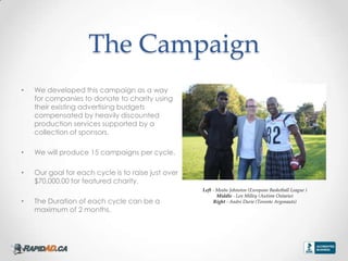 The Campaign
?   We developed this campaign as a way
    for companies to donate to charity using
    their existing advertising budgets
    compensated by heavily discounted
    production services supported by a
    collection of sponsors.

?   We will produce 15 campaigns per cycle.

?   Our goal for each cycle is to raise just over
    $70,000.00 for featured charity.
                                                    Left - Moshe Johnston (European Basketball League )
                                                           Middle - Len Milley (Autism Ontario)
?   The Duration of each cycle can be a                  Right - Andre Durie (Toronto Argonauts)
    maximum of 2 months.
 