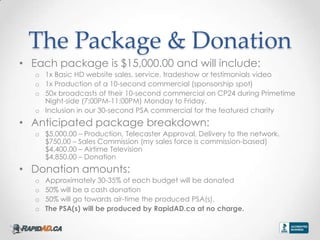 The Package & Donation
? Each package is $15,000.00 and will include:
   o 1x Basic HD website sales, service, tradeshow or testimonials video
   o 1x Production of a 10-second commercial (sponsorship spot)
   o 50x broadcasts of their 10-second commercial on CP24 during Primetime
     Night-side (7:00PM-11:00PM) Monday to Friday.
   o Inclusion in our 30-second PSA commercial for the featured charity
? Anticipated package breakdown:
   o $5,000.00 C Production, Telecaster Approval, Delivery to the network.
     $750.00 C Sales Commission (my sales force is commission-based)
     $4,400.00 C Airtime Television
     $4,850.00 C Donation
? Donation amounts:
   o   Approximately 30-35% of each budget will be donated
   o   50% will be a cash donation
   o   50% will go towards air-time the produced PSA(s).
   o   The PSA(s) will be produced by RapidAD.ca at no charge.
 