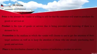 Price is the amount the vender is willing to sell for that the customer will want to purchase the
goods or services at.
Product is the type of goods or service that is being provided and knowing if there is a
demand for it.
Promotion is the medium to which the vender will choose to use to get the attention of their
target audience as well as to keep the attention of those who are already purchasing their
goods and services.
Place is the distribution channel or the logistics of marketing a product or service.
 