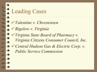 Leading Cases Valentine v. Chrestensen Bigelow v. Virginia Virginia State Board of Pharmacy v. Virginia Citizens Consumer Council, Inc. Central Hudson Gas & Electric Corp. v. Public Service Commission 