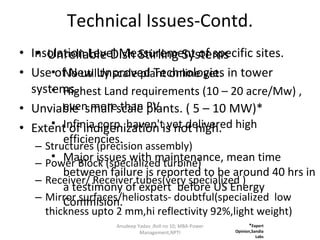 Technical Issues-Contd. Insolation Level Measurement of specific sites. Use of New Unproved Technologies in tower systems. Unviable  small scale plants. ( 5 – 10 MW)* Extent of indigenization is not high.  Structures (precision assembly) Power Block (specialized turbine) Receiver/ Receiver tubes(very specialized ) Mirror surfaces/heliostats- doubtful(specialized  low thickness upto 2 mm,hi reflectivity 92%,light weight) Anudeep Yadav ;Roll no 10; MBA-Power Management,NPTI Unreliable Dish Stirling Systems No utility scale plant online yet. Highest Land requirements (10 – 20 acre/Mw) , even more than PV . Infinia corp. haven't yet delivered high efficiencies. Major issues with maintenance, mean time between failure is reported to be around 40 hrs in a testimony of expert  before US Energy Commision.  * Expert Opinion,Sandia Labs 