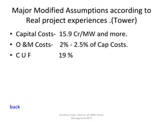 Major Modified Assumptions according to Real project experiences .(Tower) Capital Costs-  15.9 Cr/MW and more. O &M Costs-  2% - 2.5% of Cap Costs. C U F  19 % back Anudeep Yadav ;Roll no 10; MBA-Power Management,NPTI 