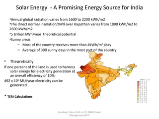 Solar Energy  - A Promising Energy Source for India Anudeep Yadav ;Roll no 10; MBA-Power Management,NPTI Annual global radiation varies from 1600 to 2200 kWh/m2 The direct normal insolation (DNI)  over Rajasthan varies from 1800 kWh/m2 to 2600 kWh/m2 . 5 trillion kWh/year  theoretical potential  Sunny areas Most of the country receives more than 4kWh/m 2  /day Average of 300 sunny days in the most part of the country Theoretically  If one percent of the land is used to harness solar energy for electricity generation at an overall efficiency of 10%;  492 x 10 6  MU/year electricity can be generated . *  TERI Calculations 