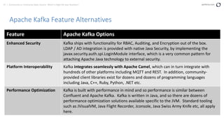 37 | Community vs. Enterprise Open Source: Which is Right for your Business? perforce.com
Apache Kafka Feature Alternatives
Feature Apache Kafka Options
Enhanced Security Kafka ships with functionality for RBAC, Auditing, and Encryption out of the box.
LDAP / AD integration is provided with native Java Security, by implementing the
javax.security.auth.spi.LoginModule interface, which is a very common pattern for
attaching Apache Java technology to external security.
Platform Interoperability Kafka integrates seamlessly with Apache Camel, which can in turn integrate with
hundreds of other platforms including MQTT and REST. In addition, community-
provided client libraries exist for dozens and dozens of programming languages
including Java, C++, Ruby, Python, .NET etc.
Performance Optimization Kafka is built with performance in mind and so performance is similar between
Confluent and Apache Kafka. Kafka is written in Java, and so there are dozens of
performance optimization solutions available specific to the JVM. Standard tooling
such as JVisualVM, Java Flight Recorder, Jconsole, Java Swiss Army Knife etc, all apply
here.
 