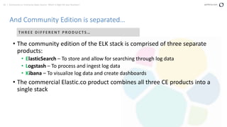 42 | Community vs. Enterprise Open Source: Which is Right for your Business? perforce.com
And Community Edition is separated…
• The community edition of the ELK stack is comprised of three separate
products:
• ElasticSearch – To store and allow for searching through log data
• Logstash – To process and ingest log data
• Kibana – To visualize log data and create dashboards
• The commercial Elastic.co product combines all three CE products into a
single stack
T H R E E D I F F E R E N T P R O D U C T S …
 