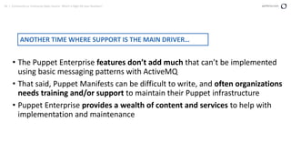 56 | Community vs. Enterprise Open Source: Which is Right for your Business? perforce.com
• The Puppet Enterprise features don’t add much that can’t be implemented
using basic messaging patterns with ActiveMQ
• That said, Puppet Manifests can be difficult to write, and often organizations
needs training and/or support to maintain their Puppet infrastructure
• Puppet Enterprise provides a wealth of content and services to help with
implementation and maintenance
ANOTHER TIME WHERE SUPPORT IS THE MAIN DRIVER…
 