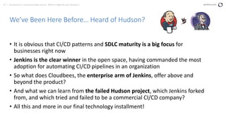 57 | Community vs. Enterprise Open Source: Which is Right for your Business? perforce.com
We’ve Been Here Before… Heard of Hudson?
• It is obvious that CI/CD patterns and SDLC maturity is a big focus for
businesses right now
• Jenkins is the clear winner in the open space, having commanded the most
adoption for automating CI/CD pipelines in an organization
• So what does Cloudbees, the enterprise arm of Jenkins, offer above and
beyond the product?
• And what we can learn from the failed Hudson project, which Jenkins forked
from, and which tried and failed to be a commercial CI/CD company?
• All this and more in our final technology installment!
 