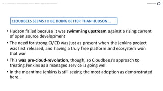 64 | Community vs. Enterprise Open Source: Which is Right for your Business? perforce.com
• Hudson failed because it was swimming upstream against a rising current
of open source development
• The need for strong CI/CD was just as present when the Jenkins project
was first released, and having a truly free platform and ecosystem won
that war
• This was pre-cloud-revolution, though, so Cloudbees’s approach to
treating Jenkins as a managed service is going well
• In the meantime Jenkins is still seeing the most adoption as demonstrated
here…
CLOUDBEES SEEMS TO BE DOING BETTER THAN HUDSON…
 