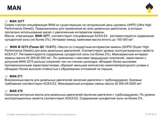 MAN
Служба технической поддержки ООО «РН-Смазочные материалы» 27.05.2014
 MAN 3277
Самая строгая спецификация MAN из существующих на сегодняшний день (уровень UHPD (Ultra High
Performance Diesel)). Предназначены для применения во всех дизельных двигателях, в которых
прописано использование масел с увеличенным интервалом замены.
Масла, отвечающие MAN 3277, соответствуют спецификации ACEA E4. регламентируется содержание
сульфатной золы (не более 2%). Интервал между заменами масла вплоть до 100 000 км*.
 MAN M 3275 (Ранее QC 13-017) - Масла со стандартным интервалом замены (SHPD (Super High
Performance Diesel)) для всех дизельных двигателей. Соответствуют уровню эксплуатационных свойств
ACEA E7. Регламентируется содержание сульфатной золы (не более 2%). Межсервисный интервал
замены масла 45 000-60 000 км*. По сравнению с маслами предыдущих поколений, серия масел с
допуском MAN 3275 дольше сохраняет хон на стенках цилиндра, обладает более высокими
противоизносными характеристиками, образует меньшее количество низкотемпературного шлама и
обладают более высокой стойкостью к образованию отложений на поршне.
 MAN 271
Всесезонные масла для дизельных двигателей (включая двигатели с турбонаддувом). Базовые
требования соответствуют ACEA E2. Межсервисный интервал смены масла 30 000-45 0000 км*.
 MAN 270
Сезонные моторные масла для дизельных двигателей (включая двигатели с турбонаддувом). По уровню
эксплуатационных свойств соответствуют ACEA E2. Содержание сульфатной золы не более 2%.
 