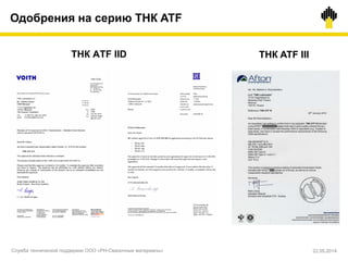 ТНК ATF IID ТНК ATF III
Одобрения на серию ТНК ATF
Служба технической поддержки ООО «РН-Смазочные материалы» 22.05.2014
 