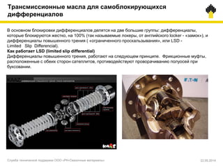Трансмиссионные масла для самоблокирующихся
дифференциалов
В основном блокировки дифференциалов делятся на две большие группы: дифференциалы,
которые блокируются жестко, на 100% (так называемые локеры, от английского locker - «замок»), и
дифференциалы повышенного трения ( «ограниченного проскальзывания», или LSD -
Limited Slip Differencial).
Как работает LSD (limited slip differential)
Дифференциалы повышенного трения, работают на следующем принципе. Фрикционные муфты,
расположенные с обеих сторон сателлитов, противодействуют проворачиванию полуосей при
буксовании.
Служба технической поддержки ООО «РН-Смазочные материалы» 22.05.2014
 