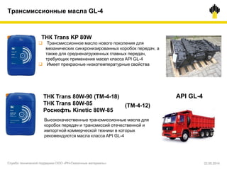 ТНК Trans 80W-90 (ТМ-4-18)
ТНК Trans 80W-85
Роснефть Kinetic 80W-85
Высококачественные трансмиссионные масла для
коробок передач и трансмиссий отечественной и
импортной коммерческой техники в которых
рекомендуются масла класса API GL-4
API GL-4
ТНК Trans KP 80W
Трансмиссионные масла GL-4
 Трансмиссионное масло нового поколения для
механических синхронизированных коробок передач, а
также для средненагруженных главных передач,
требующих применения масел класса API GL-4
 Имеет прекрасные низкотемпературные свойства
(ТМ-4-12)
Служба технической поддержки ООО «РН-Смазочные материалы» 22.05.2014
 