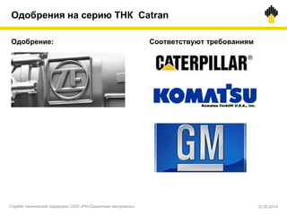 Одобрения на серию ТНК Catran
Соответствуют требованиямОдобрение:
Служба технической поддержки ООО «РН-Смазочные материалы» 22.05.2014
 