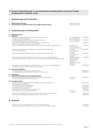 D Preise für Dienstleistungen im standardisierten Geschäftsverkehr mit privaten Kunden
   (Kreditgeschäft, Auskünfte, Avale)


I.   Regelleistungen bei Privatkrediten

1.   Ratenkredite mit Festzins                                                                                               Siehe Preisaushang
2.   Rahmenkredit mit variablem Zinssatz und variabler Inanspruchnahme                                                       Siehe Preisaushang




II. Sonderleistungen im Kreditgeschäft

1. Kreditbearbeitung
1.1 Allgemein
     – Unterjährige (außerplanmäßige) Zinsbescheinigung auf Kundenwunsch                                                     Pro zu bestätigendem     25,00 EUR
       zusätzlich zum Jahreskontoauszug                                                                                      Jahr und Unterkonto
     – Unterjährige (außerplanmäßige) Kreditlinien-/Saldenbestätigung auf                                                    Pro zu bestätigendem     25,00 EUR
       Kundenwunsch zusätzlich zum Jahreskontoauszug                                                                         Jahr und Unterkonto
     – Einsichtnahme in Register oder Einholung eines Registerauszuges für den                                                                        30,00 EUR
       Kunden, z. B. Grundbuch, Katasteramt, Handelsregister
     – Zweitschriften/Nachdrucke von Dokumenten, z. B. von Jahreskontoauszügen, auf Kundenwunsch1                            Pro Dokument              11,00 EUR
                                                                                                                             Ausnahme: Kopien
                                                                                                                             von notariellen Urkunden
     – Berechnung der Vorfälligkeitsentschädigung bei vorzeitiger Kredit(teil)rückzahlung                                    Pro Kredit,              300,00 EUR
       während der Zinsbindung                                                                                               max. 600,00 EUR
                                                                                                                             insgesamt
     – Berechnung der Nichtabnahmeentschädigung bei Teil-/Nichtabnahme des Kredits                                           Pro Kredit,              300,00 EUR
                                                                                                                             max. 600,00 EUR
                                                                                                                             insgesamt
     – Indikative Berechnung der Vorfälligkeitsentschädigung für vorzeitige Kredit(teil)rückzahlung                          Wird bei tatsächlicher    75,00 EUR
       während der Zinsbindung, auf Kundenwunsch zur Einschätzung, ohne anschließende (Teil-)Rückzahlung                     Ablösung während
                                                                                                                             der Bindungsfrist
                                                                                                                             verrechnet;
                                                                                                                             telefonische Anfrage
                                                                                                                             kostenfrei
     – Nachträgliche Kreditvertragsänderung auf Kundenwunsch, z. B. Rahmen- oder Produktänderung,                            Pro Kredit               200,00 EUR
       Aufteilung von Krediten, Änderung der Zins- und Tilgungsrate

1.2 Schuldnermodifikation
     – Schuldnerwechsel/Schuldübernahme auf Kundenwunsch                                                                                            1.800,00 EUR
     – Schuldhaftentlassung eines/mehrerer Mitschuldner auf Kundenwunsch                                                                              600,00 EUR

2. Sicherheiten
2.1 Sicherheitenbearbeitung ohne Grundpfandrechte
     – Austausch und (außerplanmäßige) Freigabe von Sicherheiten sowie nachträgliche                                         Einmal pro              300,00 EUR
       Sicherheitenvertragsänderung auf Kundenwunsch                                                                         Sicherheit

2.2 Grundpfandrechte
     – Austausch sowie nachträgliche Sicherheitenvertragsänderung auf Kundenwunsch                                                                  1.200,00 EUR
     – Pfandfreigabe auf Kundenwunsch
       – ohne Veränderung des Deckungskapitals                                                                                                       375,00 EUR
       – mit Veränderung des Deckungskapitals                                                                                                        425,00 EUR
     – Rangänderung auf Kundenwunsch                                                                                                                 425,00 EUR
     – Abtretungen (auch Teilabtretungen) auf Kundenwunsch                                                                                           125,00 EUR
     – Treuhänderische Verwaltung von Grundschulden                                                                          Einmal pro               75,00 EUR
                                                                                                                             Grundschuld
     – Sonstige notariell beglaubigte Erklärung auf Kundenwunsch, z. B. Zustimmungserklärung                                                         100,00 EUR
     – Treuhänderische Abwicklung von Kreditablösungen im Kundenauftrag                                                                              125,00 EUR




III. Auskünfte

     – Erteilung einer schriftlichen Bankauskunft an Dritte im Auftrag des Kunden                                                                     20,00 EUR
     – Einholung einer allgemeinen Bankauskunft (Inland und Ausland) im Auftrag des Kunden                                                            23,80 EUR




1 Entgeltfrei, wenn die Zweitschrift/der Nachdruck aus Umständen erforderlich wird, die von der Bank zu verantworten sind.

                                                                                                                                                        Seite 11
 