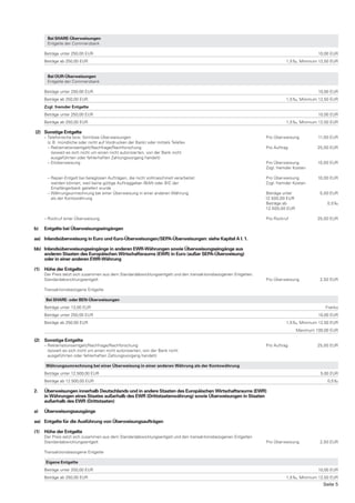 Bei SHARE-Überweisungen
      Entgelte der Commerzbank

     Beträge unter 250,00 EUR                                                                                                             10,00 EUR
     Beträge ab 250,00 EUR                                                                                                 1,5 ‰, Minimum 12,50 EUR


      Bei OUR-Überweisungen
      Entgelte der Commerzbank

     Beträge unter 250,00 EUR                                                                                                             10,00 EUR
     Beträge ab 250,00 EUR                                                                                                 1,5 ‰, Minimum 12,50 EUR
     Zzgl. fremder Entgelte
     Beträge unter 250,00 EUR                                                                                                             10,00 EUR
     Beträge ab 250,00 EUR                                                                                                 1,5 ‰, Minimum 12,50 EUR

(2) Sonstige Entgelte
     – Telefonische bzw. formlose Überweisungen                                                                  Pro Überweisung          11,00 EUR
       (z. B. mündliche oder nicht auf Vordrucken der Bank) oder mittels Telefax
       – Reklamationsentgelt/Nachfrage/Nachforschung                                                             Pro Auftrag              25,00 EUR
         (soweit es sich nicht um einen nicht autorisierten, von der Bank nicht
         ausgeführten oder fehlerhaften Zahlungsvorgang handelt)
       – Eilüberweisung                                                                                          Pro Überweisung          15,00 EUR
                                                                                                                 Zzgl. fremder Kosten

      – Repair-Entgelt bei beleglosen Aufträgen, die nicht vollmaschinell verarbeitet                            Pro Überweisung          10,00 EUR
        werden können, weil keine gültige Auftraggeber-IBAN oder BIC der                                         Zzgl. fremder Kosten
        Empfängerbank geliefert wurde
      – Währungsumrechnung bei einer Überweisung in einer anderen Währung                                        Beträge unter             5,00 EUR
        als der Kontowährung                                                                                     12.500,00 EUR
                                                                                                                 Beträge ab                   0,5 ‰
                                                                                                                 12.500,00 EUR

     – Rückruf einer Überweisung                                                                                 Pro Rückruf              25,00 EUR

b)   Entgelte bei Überweisungseingängen

aa) Inlandsüberweisung in Euro und €uro-Überweisungen/SEPA-Überweisungen: siehe Kapitel A I. 1.

bb) Inlandsüberweisungseingänge in anderen EWR-Währungen sowie Überweisungseingänge aus
    anderen Staaten des Europäischen Wirtschaftsraums (EWR) in Euro (außer SEPA-Überweisung)
    oder in einer anderen EWR-Währung

(1) Höhe der Entgelte
     Der Preis setzt sich zusammen aus dem Standardabwicklungsentgelt und den transaktionsbezogenen Entgelten.
     Standardabwicklungsentgelt                                                                                  Pro Überweisung           2,50 EUR

     Transaktionsbezogene Entgelte

     Bei SHARE- oder BEN-Überweisungen
     Beträge unter 13,00 EUR                                                                                                                 Franko
     Beträge unter 250,00 EUR                                                                                                             10,00 EUR
     Beträge ab 250,00 EUR                                                                                                 1,5 ‰, Minimum 12,50 EUR
                                                                                                                                 Maximum 100,00 EUR

(2) Sonstige Entgelte
     – Reklamationsentgelt/Nachfrage/Nachforschung                                                               Pro Auftrag              25,00 EUR
       (soweit es sich nicht um einen nicht autorisierten, von der Bank nicht
       ausgeführten oder fehlerhaften Zahlungsvorgang handelt)

     Währungsumrechnung bei einer Überweisung in einer anderen Währung als der Kontowährung
     Beträge unter 12.500,00 EUR                                                                                                           5,00 EUR
     Beträge ab 12.500,00 EUR                                                                                                                 0,5 ‰

2.   Überweisungen innerhalb Deutschlands und in andere Staaten des Europäischen Wirtschaftsraums (EWR)
     in Währungen eines Staates außerhalb des EWR (Drittstaatenwährung) sowie Überweisungen in Staaten
     außerhalb des EWR (Drittstaaten)

a)   Überweisungsausgänge

aa) Entgelte für die Ausführung von Überweisungsaufträgen

(1) Höhe der Entgelte
     Der Preis setzt sich zusammen aus dem Standardabwicklungsentgelt und den transaktionsbezogenen Entgelten
     Standardabwicklungsentgelt                                                                                  Pro Überweisung           2,50 EUR

     Transaktionsbezogene Entgelte

     Eigene Entgelte
     Beträge unter 250,00 EUR                                                                                                             10,00 EUR
     Beträge ab 250,00 EUR                                                                                                 1,5 ‰, Minimum 12,50 EUR
                                                                                                                                            Seite 5
 