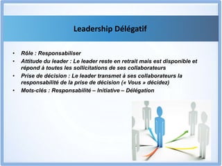 Leadership Délégatif
• Rôle : Responsabiliser
• Attitude du leader : Le leader reste en retrait mais est disponible et
répond à toutes les sollicitations de ses collaborateurs
• Prise de décision : Le leader transmet à ses collaborateurs la
responsabilité de la prise de décision (« Vous » décidez)
• Mots-clés : Responsabilité – Initiative – Délégation
 