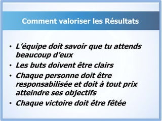Comment valoriser les Résultats
• L’équipe doit savoir que tu attends
beaucoup d’eux
• Les buts doivent être clairs
• Chaque personne doit être
responsabilisée et doit à tout prix
atteindre ses objectifs
• Chaque victoire doit être fêtée
 