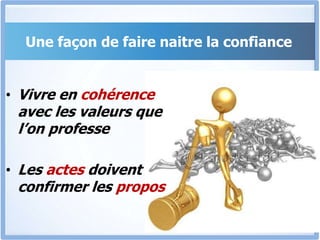 Une façon de faire naitre la confiance
• Vivre en cohérence
avec les valeurs que
l’on professe
• Les actes doivent
confirmer les propos
 