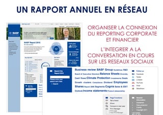 UN RAPPORT ANNUEL EN RÉSEAU
              ORGANISER LA CONNEXION
              DU REPORTING CORPORATE
                    ET FINANCIER
                   L’INTEGRER A LA
              CONVERSATION EN COURS
              SUR LES RESEAUX SOCIAUX
 