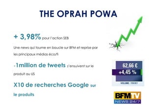 THE OPRAH POWA

+ 3,98% pour l’action SEB
Une news qui tourne en boucle sur BFM et reprise par

les principaux médias éco/fi


+1million de tweets s’ensuivent sur le
produit au US


X10 de recherches Google sur
le produits
 