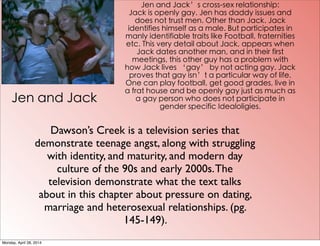 Jen and Jack
Jen and Jack’s cross-sex relationship:
Jack is openly gay. Jen has daddy issues and
does not trust men. Other than Jack. Jack
identifies himself as a male. But participates in
manly identifiable traits like Football, fraternities
etc. This very detail about Jack, appears when
Jack dates another man, and in their first
meetings, this other guy has a problem with
how Jack lives ‘gay’ by not acting gay. Jack
proves that gay isn’t a particular way of life.
One can play football, get good grades, live in
a frat house and be openly gay just as much as
a gay person who does not participate in
gender specific Idealoligies.
Dawson’s Creek is a television series that
demonstrate teenage angst, along with struggling
with identity, and maturity, and modern day
culture of the 90s and early 2000s.The
television demonstrate what the text talks
about in this chapter about pressure on dating,
marriage and heterosexual relationships. (pg.
145-149).
Monday, April 28, 2014
 