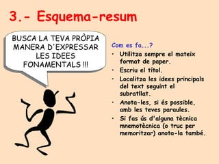 3.- Esquema-resum Com es fa...? Utilitza sempre el mateix format de paper. Escriu el títol. Localitza les idees principals del text seguint el subratllat. Anota-les, si és possible, amb les teves paraules. Si fas ús d'alguna tècnica mnemotècnica (o truc per memoritzar) anota-la també. BUSCA LA TEVA PRÒPIA MANERA D'EXPRESSAR LES IDEES FONAMENTALS !!! 