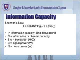 Shannon’s Law:   I = 3.32BW log 10 (1 + (S/N))  I= information capacity, Unit: bits/second C = information or channel capacity BW = bandwidth (kHZ) S = signal power (W) N = noise power (W) Chapter 1: Introduction to Communication System Information Capacity 