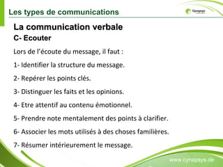 www.cynapsys.de Lors de l’écoute du message, il faut :  1- Identifier la structure du message.  2- Repérer les points clés.  3- Distinguer les faits et les opinions.  4- Etre attentif au contenu émotionnel.  5- Prendre note mentalement des points à clarifier.  6- Associer les mots utilisés à des choses familières.  7- Résumer intérieurement le message. C- Ecouter  La communication verbale  Les types de communications 