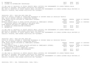2)   MATEMATICA                                                                      M263     M568    A047
3)   SISTEMI ED AUTOMAZIONE INDUSTRIALE                                              M297     M178    A020

(*) NEL CASO DI INDIRIZZI DI STUDIO SEGUITI NEGLI ISTITUTI CON INSEGNAMENTO IN LINGUA TEDESCA DELLA
PROVINCIA DI BOLZANO, DEVE ESSERE SOSTITUITA CON "TEDESCO".
NEL CASO DI INDIRIZZI DI STUDIO SEGUITI NEGLI ISTITUTI CON INSEGNAMENTO IN LINGUA SLOVENA DELLE PROVINCE DI
GORIZIA E TRIESTE, DEVE ESSERE SOSTITUITA CON "SLOVENO".



INDIRIZZO: TF53 - TESS.CON SPEC.CONF.IND.
TITOLO DI STUDIO: DIPLOMA DI ISTRUZIONE SECONDARIA DI SECONDO GRADO AD INDIRIZZO TECNICO
PER. IND.LE CAPOTEC.-SPECIAL.:CONFEZIONE INDUSTR.
PRIMA PROVA SCRITTA AFFIDATA AL COMMISSARIO ESTERNO:                               INSEGN.   NOMINA   CLASSI DI CONCORSO
1) ITALIANO (*)                                                                      M540             A050
MATERIA OGGETTO DELLA II PROVA SCRITTA AFFIDATA AL COMMISSARIO INTERNO:            INSEGN.   NOMINA   CLASSI DI CONCORSO
-   TECNOLOGIE TESSILI DELL'ABBIGL.E ORG.DELLA PROD.                                 M108             A068
ALTRE MATERIE AFFIDATE AI COMMISSARI ESTERNI:
2) ECONOMIA ED ORGANIZZAZIONE AZIENDALE                                              M160     M730    A017
3) MATEMATICA                                                                        M263     M568    A047

(*) NEL CASO DI INDIRIZZI DI STUDIO SEGUITI NEGLI ISTITUTI CON INSEGNAMENTO IN LINGUA TEDESCA DELLA
PROVINCIA DI BOLZANO, DEVE ESSERE SOSTITUITA CON "TEDESCO".
NEL CASO DI INDIRIZZI DI STUDIO SEGUITI NEGLI ISTITUTI CON INSEGNAMENTO IN LINGUA SLOVENA DELLE PROVINCE DI
GORIZIA E TRIESTE, DEVE ESSERE SOSTITUITA CON "SLOVENO".



INDIRIZZO: TF54 - TESS.CON SPEC.PROD.TES.
TITOLO DI STUDIO: DIPLOMA DI ISTRUZIONE SECONDARIA DI SECONDO GRADO AD INDIRIZZO TECNICO
PER. IND.LE CAPOTEC.-SPECIAL.:PRODUZIONE TESSILI
PRIMA PROVA SCRITTA AFFIDATA AL COMMISSARIO ESTERNO:                               INSEGN.   NOMINA   CLASSI DI CONCORSO
1) ITALIANO (*)                                                                      M540             A050
MATERIA OGGETTO DELLA II PROVA SCRITTA AFFIDATA AL COMMISSARIO INTERNO:            INSEGN.   NOMINA   CLASSI DI CONCORSO
-   MODA,DISEGNO E PROGETTAZIONE IND.                                                M218     M036    A070
ALTRE MATERIE AFFIDATE AI COMMISSARI ESTERNI:
2) ECONOMIA ED ORGANIZZAZIONE AZIENDALE                                              M040     M270    A019
3) MATEMATICA                                                                        M263     M568    A047

(*) NEL CASO DI INDIRIZZI DI STUDIO SEGUITI NEGLI ISTITUTI CON INSEGNAMENTO IN LINGUA TEDESCA DELLA
PROVINCIA DI BOLZANO, DEVE ESSERE SOSTITUITA CON "TEDESCO".
NEL CASO DI INDIRIZZI DI STUDIO SEGUITI NEGLI ISTITUTI CON INSEGNAMENTO IN LINGUA SLOVENA DELLE PROVINCE DI
GORIZIA E TRIESTE, DEVE ESSERE SOSTITUITA CON "SLOVENO".



INDIRIZZO: TF55 - IND. TINTORIA(PROG. CHIM. TINT.)
 