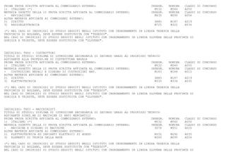 PRIMA PROVA SCRITTA AFFIDATA AL COMMISSARIO ESTERNO:                               INSEGN.   NOMINA   CLASSI DI CONCORSO
1) ITALIANO (*)                                                                      M532     M540    A050
MATERIA OGGETTO DELLA II PROVA SCRITTA AFFIDATA AL COMMISSARIO INTERNO:            INSEGN.   NOMINA   CLASSI DI CONCORSO
-   NAVIGAZIONE                                                                      M630     M095    A056
ALTRE MATERIE AFFIDATE AI COMMISSARI ESTERNI:
2) DIRITTO                                                                           SR85     M187    A019
3) RADIOELETTRONICA                                                                  M725     M322    A034

(*) NEL CASO DI INDIRIZZI DI STUDIO SEGUITI NEGLI ISTITUTI CON INSEGNAMENTO IN LINGUA TEDESCA DELLA
PROVINCIA DI BOLZANO, DEVE ESSERE SOSTITUITA CON "TEDESCO".
NEL CASO DI INDIRIZZI DI STUDIO SEGUITI NEGLI ISTITUTI CON INSEGNAMENTO IN LINGUA SLOVENA DELLE PROVINCE DI
GORIZIA E TRIESTE, DEVE ESSERE SOSTITUITA CON "SLOVENO".



INDIRIZZO: TH02 - COSTRUTTORI
TITOLO DI STUDIO: DIPLOMA DI ISTRUZIONE SECONDARIA DI SECONDO GRADO AD INDIRIZZO TECNICO
ASPIRANTE ALLA PROFESS.NE DI COSTRUTTORE NAVALE
PRIMA PROVA SCRITTA AFFIDATA AL COMMISSARIO ESTERNO:                               INSEGN.   NOMINA   CLASSI DI CONCORSO
1) ITALIANO (*)                                                                      M532     M540    A050
MATERIA OGGETTO DELLA II PROVA SCRITTA AFFIDATA AL COMMISSARIO INTERNO:            INSEGN.   NOMINA   CLASSI DI CONCORSO
-   COSTRUZIONI NAVALI E DISEGNO DI COSTRUZIONI NAV.                                 M183     M184    A015
ALTRE MATERIE AFFIDATE AI COMMISSARI ESTERNI:
2) DIRITTO                                                                           SR85     M187    A019
3) ELETTROTECNICA                                                                    M330     M334    A035

(*) NEL CASO DI INDIRIZZI DI STUDIO SEGUITI NEGLI ISTITUTI CON INSEGNAMENTO IN LINGUA TEDESCA DELLA
PROVINCIA DI BOLZANO, DEVE ESSERE SOSTITUITA CON "TEDESCO".
NEL CASO DI INDIRIZZI DI STUDIO SEGUITI NEGLI ISTITUTI CON INSEGNAMENTO IN LINGUA SLOVENA DELLE PROVINCE DI
GORIZIA E TRIESTE, DEVE ESSERE SOSTITUITA CON "SLOVENO".



INDIRIZZO: TH03 - MACCHINISTI
TITOLO DI STUDIO: DIPLOMA DI ISTRUZIONE SECONDARIA DI SECONDO GRADO AD INDIRIZZO TECNICO
ASPIRANTE DIREZ.NE DI MACCHINE DI NAVI MERCANTILI
PRIMA PROVA SCRITTA AFFIDATA AL COMMISSARIO ESTERNO:                               INSEGN.   NOMINA   CLASSI DI CONCORSO
1) ITALIANO (*)                                                                      M532     M540    A050
MATERIA OGGETTO DELLA II PROVA SCRITTA AFFIDATA AL COMMISSARIO INTERNO:            INSEGN.   NOMINA   CLASSI DI CONCORSO
-   MACCHINE E DISEGNO DI MACCHINE                                                   SU76     M551    A020
ALTRE MATERIE AFFIDATE AI COMMISSARI ESTERNI:
2) ELETTROTECNICA ED IMPIANTI ELETTRICI DI BORDO                                     M332     M292    A035
3) ELEMENTI DI TEORIA DELLA NAVE                                                     M300     M095    A056

(*) NEL CASO DI INDIRIZZI DI STUDIO SEGUITI NEGLI ISTITUTI CON INSEGNAMENTO IN LINGUA TEDESCA DELLA
PROVINCIA DI BOLZANO, DEVE ESSERE SOSTITUITA CON "TEDESCO".
NEL CASO DI INDIRIZZI DI STUDIO SEGUITI NEGLI ISTITUTI CON INSEGNAMENTO IN LINGUA SLOVENA DELLE PROVINCE DI
 