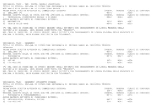 INDIRIZZO: TH09 - PER. COSTR. NAVALI (NAUTILUS)
TITOLO DI STUDIO: DIPLOMA DI ISTRUZIONE SECONDARIA DI SECONDO GRADO AD INDIRIZZO TECNICO
ASPIRANTE ALLA PROFESS.NE DI COSTRUTTORE NAVALE
PRIMA PROVA SCRITTA AFFIDATA AL COMMISSARIO ESTERNO:                               INSEGN.   NOMINA   CLASSI DI CONCORSO
1) ITALIANO (*)                                                                      M540             A050
MATERIA OGGETTO DELLA II PROVA SCRITTA AFFIDATA AL COMMISSARIO INTERNO:            INSEGN.   NOMINA   CLASSI DI CONCORSO
-   TECNOLOGIA, COSTRUZIONI NAVALI E DISEGNO                                         M862     M184    A015
ALTRE MATERIE AFFIDATE AI COMMISSARI ESTERNI:
2) MATEMATICA                                                                        SL32     M569    A047
3) TEORIA DELLA NAVE                                                                 M946     M184    A015

(*) NEL CASO DI INDIRIZZI DI STUDIO SEGUITI NEGLI ISTITUTI CON INSEGNAMENTO IN LINGUA TEDESCA DELLA
PROVINCIA DI BOLZANO, DEVE ESSERE SOSTITUITA CON "TEDESCO".
NEL CASO DI INDIRIZZI DI STUDIO SEGUITI NEGLI ISTITUTI CON INSEGNAMENTO IN LINGUA SLOVENA DELLE PROVINCE DI
GORIZIA E TRIESTE, DEVE ESSERE SOSTITUITA CON "SLOVENO".



INDIRIZZO: TL00 - GEOMETRI
TITOLO DI STUDIO: DIPLOMA DI ISTRUZIONE SECONDARIA DI SECONDO GRADO AD INDIRIZZO TECNICO
GEOMETRA
PRIMA PROVA SCRITTA AFFIDATA AL COMMISSARIO ESTERNO:                               INSEGN.   NOMINA   CLASSI DI CONCORSO
1) ITALIANO (*)                                                                      M540             A050
MATERIA OGGETTO DELLA II PROVA SCRITTA AFFIDATA AL COMMISSARIO INTERNO:            INSEGN.   NOMINA   CLASSI DI CONCORSO
-   TOPOGRAFIA                                                                       M970     M517    A072
ALTRE MATERIE AFFIDATE AI COMMISSARI ESTERNI:
2) ESTIMO                                                                            SG51     M361    A058
3) COSTRUZIONI                                                                       SC91     M181    A016

(*) NEL CASO DI INDIRIZZI DI STUDIO SEGUITI NEGLI ISTITUTI CON INSEGNAMENTO IN LINGUA TEDESCA DELLA
PROVINCIA DI BOLZANO, DEVE ESSERE SOSTITUITA CON "TEDESCO".
NEL CASO DI INDIRIZZI DI STUDIO SEGUITI NEGLI ISTITUTI CON INSEGNAMENTO IN LINGUA SLOVENA DELLE PROVINCE DI
GORIZIA E TRIESTE, DEVE ESSERE SOSTITUITA CON "SLOVENO".



INDIRIZZO: TL01 - GEOMETRI (PROGETTO CINQUE)
TITOLO DI STUDIO: DIPLOMA DI ISTRUZIONE SECONDARIA DI SECONDO GRADO AD INDIRIZZO TECNICO
GEOMETRA
PRIMA PROVA SCRITTA AFFIDATA AL COMMISSARIO ESTERNO:                               INSEGN.   NOMINA   CLASSI DI CONCORSO
1) ITALIANO (*)                                                                      SI87     M540    A050
MATERIA OGGETTO DELLA II PROVA SCRITTA AFFIDATA AL COMMISSARIO INTERNO:            INSEGN.   NOMINA   CLASSI DI CONCORSO
-   TOPOGRAFIA E FOTOGRAMMETRIA                                                      M976     M517    A072
ALTRE MATERIE AFFIDATE AI COMMISSARI ESTERNI:
2) GEOPEDOLOGIA, ECONOMIA, ESTIMO                                                    M407     M361    A058
3) COSTRUZIONI                                                                       SC91     M181    A016
 