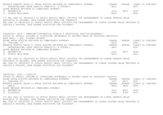 MATERIA OGGETTO DELLA II PROVA SCRITTA AFFIDATA AL COMMISSARIO INTERNO:            INSEGN.   NOMINA   CLASSI DI CONCORSO
-   PROGETTAZIONE (ARTE GRAFICA PUBBLICIT. E FOTOGR.)                                M691             A007
ALTRE MATERIE AFFIDATE AI COMMISSARI ESTERNI:
2) MATEMATICA                                                                        SL32     M557    A049
3) STORIA DELL'ARTE                                                                  M250             A061

(*) NEL CASO DI INDIRIZZI DI STUDIO SEGUITI NEGLI ISTITUTI CON INSEGNAMENTO IN LINGUA TEDESCA DELLA
PROVINCIA DI BOLZANO, DEVE ESSERE SOSTITUITA CON "TEDESCO".
NEL CASO DI INDIRIZZI DI STUDIO SEGUITI NEGLI ISTITUTI CON INSEGNAMENTO IN LINGUA SLOVENA DELLE PROVINCE DI
GORIZIA E TRIESTE, DEVE ESSERE SOSTITUITA CON "SLOVENO".



INDIRIZZO: C018 - IMMAGINE FOTOGRAFICA FILMICA E TELEVISIVA (A007)MICHELANGELO
TITOLO DI STUDIO: DIPLOMA DI ISTRUZIONE SECONDARIA DI SECONDO GRADO AD INDIRIZZO ARTISTICO
ARTE APPL. - SEZ. DISEGNO ANIMATO
PRIMA PROVA SCRITTA AFFIDATA AL COMMISSARIO ESTERNO:                               INSEGN.   NOMINA   CLASSI DI CONCORSO
1) ITALIANO (*)                                                                      M239             A050
MATERIA OGGETTO DELLA II PROVA SCRITTA AFFIDATA AL COMMISSARIO INTERNO:            INSEGN.   NOMINA   CLASSI DI CONCORSO
-   PROGETTAZIONE (ARTE GRAFICA PUBBLICIT. E FOTOGR.)                                M691             A007
ALTRE MATERIE AFFIDATE AI COMMISSARI ESTERNI:
2) MATEMATICA                                                                        SL32     M557    A049
3) STORIA DELL'ARTE                                                                  M250             A061

(*) NEL CASO DI INDIRIZZI DI STUDIO SEGUITI NEGLI ISTITUTI CON INSEGNAMENTO IN LINGUA TEDESCA DELLA
PROVINCIA DI BOLZANO, DEVE ESSERE SOSTITUITA CON "TEDESCO".
NEL CASO DI INDIRIZZI DI STUDIO SEGUITI NEGLI ISTITUTI CON INSEGNAMENTO IN LINGUA SLOVENA DELLE PROVINCE DI
GORIZIA E TRIESTE, DEVE ESSERE SOSTITUITA CON "SLOVENO".



INDIRIZZO: PC00 - CLASSICO
TITOLO DI STUDIO: DIPLOMA DI ISTRUZIONE SECONDARIA DI SECONDO GRADO AD INDIRIZZO CLASSICO
PRIMA PROVA SCRITTA AFFIDATA AL COMMISSARIO ESTERNO:                               INSEGN.   NOMINA   CLASSI DI CONCORSO
1) ITALIANO (*)                                                                      SI47     M471    A051
MATERIA OGGETTO DELLA II PROVA SCRITTA AFFIDATA AL COMMISSARIO INTERNO:            INSEGN.   NOMINA   CLASSI DI CONCORSO
-   GRECO                                                                            M492     M490    A052
ALTRE MATERIE AFFIDATE AI COMMISSARI ESTERNI:
2) MATEMATICA                                                                        SL32     M557    A049
3) FILOSOFIA                                                                         SG82     M785    A037

(*) NEL CASO DI INDIRIZZI DI STUDIO SEGUITI NEGLI ISTITUTI CON INSEGNAMENTO IN LINGUA TEDESCA DELLA
PROVINCIA DI BOLZANO, DEVE ESSERE SOSTITUITA CON "TEDESCO".
NEL CASO DI INDIRIZZI DI STUDIO SEGUITI NEGLI ISTITUTI CON INSEGNAMENTO IN LINGUA SLOVENA DELLE PROVINCE DI
GORIZIA E TRIESTE, DEVE ESSERE SOSTITUITA CON "SLOVENO".
 