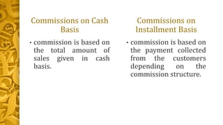 Commissions on
Installment Basis
• commission is based on
the payment collected
from the customers
depending on the
commission structure.
Commissions on Cash
Basis
• commission is based on
the total amount of
sales given in cash
basis.
 