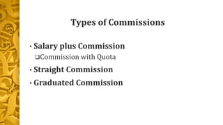 Types of Commissions
• Salary plus Commission
Commission with Quota
• Straight Commission
• Graduated Commission
 
