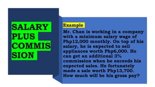 Example
Mr. Chan is working in a company
with a minimum salary wage of
Php12,000 monthly. On top of his
salary, he is expected to sell
appliances worth Php6,000. He
can get an additional 3%
commission when he exceeds his
expected sales. He fortunately
made a sale worth Php13,700.
How much will be his gross pay?
SALARY
PLUS
COMMIS
SION
 