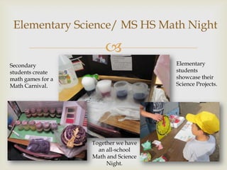 Elementary Science/ MS HS Math Night

                       
Secondary                             Elementary
students create                       students
math games for a                      showcase their
Math Carnival.                        Science Projects.




                   Together we have
                     an all-school
                   Math and Science
                        Night.
 