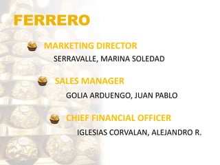 FERRERO
MARKETING DIRECTOR
SERRAVALLE, MARINA SOLEDAD
SALES MANAGER
GOLIA ARDUENGO, JUAN PABLO
CHIEF FINANCIAL OFFICER
IGL...