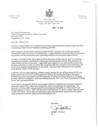 Letter from DEC Com. Joe Martens About Fracking Regulations Delay