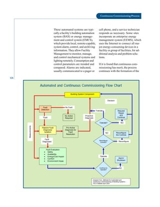 126
Continuous Commissioning Process
These automated systems are typi
cally a facility’s building automation
system (BAS) or energy manage
ment and control system (EMCS),
which provide local, remote-capable,
system alarm, control, and archiving
information. They allow Facility
Management to monitor, manage,
and control mechanical systems and
lighting remotely. Consumption and
control parameters are trended and
compared. Alarms are indicated,
usually communicated to a pager or
cell phone, and a service technician
responds as necessary. Some sites
incorporate an enterprise energy
management system (EEMS), which
uses the Internet to connect all ma
jor energy-consuming devices in a
facility or group of facilities, for ad
ditional analysis and problem solu
tions.
If it is found that continuous com
missioning has merit, the process
continues with the formation of the
Reconfigure
Building System Component
Fault
Detection
No Action
Required
NO
Proactive
Diagnosis
No Fault
Passive Fault
Diagnosis/
Isolation
Fault Evaluation
• Safety
• Availability
• Energy/Cost Impact
• Comfort
• Environment Impac
Pro-Active
Diagnosis for
Fault
Resolution
Measurements
Fault
Diagnosed
Fault
Operate
Alarm/
Shutdown
Reconfigure
the Controls
Decision
Request
Repair
and
Continue
Tolerate
Tolerate?
Reconfigure
Controls?
Continue to
Operate?
NO
NO
Adapted from: Methods for Automated and
Continuous Commissioning of Building Systems –
PECI/ Battelle April 2003
Automated and Continuous Commissioning Flow Chart
 