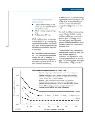 30
Why Commission?
$3.00
$2.00
$1.00
$0.00
PECI 2000
Commissioning
Cost
in
$/square
foot
BOMA cost data for office buildings
New Construction/Renovation suggest that commissioning can save
Commissioning energy from 20-percent to 50-per
■ Cost of commissioning: $1.00/
cent and additional maintenance
square foot (0.6 percent of total
savings from 15-percent to 35-per
construction costs)
cent.
■ Whole-building energy savings:
The study found that commissioning
N/A
is cost-effective for both existing
■ Payback time: 4.8 year
buildings and for new construction,
Whole-building energy savings data
across a range of building types,
is not available for new construction
sizes, and energy use. The more
commissioning, as there is no bench-
complex the building and its systems,
mark upon which to measure energy
the more cost savings commission-
use before commissioning is applied
ing can achieve.
to the project.
Commissioning costs vary more ac-
The Portland Energy Conservation,
cording to the complexity of the sys-
Inc. (PECI) studies indicate that on
tems, number of pieces of
average the cost of operating a
equipment, and objectives or scope
commissioned building range from 8
of the project rather than by building
percent to 20-percent below that of
type. The following graph developed
a non-commissioned building.
by the Portland Energy Conserva-
Benchmark Commissioning Costs by Facility Type
Specialty – Very complex facilities; laboratory; prison; mission control center
Complex – Moderate plus most of floor area in complex systems; hospitals;
clean rooms; non-HVAC systems included, such as Security, communications;
involves high cost travel and cost of living areas
Moderate - More complex office, classrooms with some laboratories;
buildings with Building Automation Systems; more control strategies; fewer
packaged equipment; more systems such as fire, emergency power, envelope
Simple – Office buildings, classrooms, packaged equipment and
controls; common systems; fewer pieces of equipment
Specialty
Complex
Moderate
Simple
50 100 200 300 400 500 600
Floor Area in Thousands of Square Feet
 