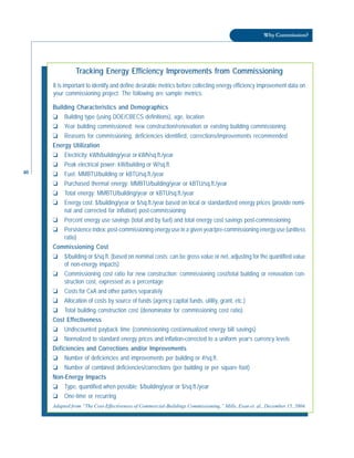 40
Why Commission?
Tracking Energy Efficiency Improvements from Commissioning
It is important to identify and define desirable metrics before collecting energy efficiency improvement data on
your commissioning project. The following are sample metrics:
Building Characteristics and Demographics
❏ Building type (using DOE/CBECS definitions), age, location
❏ Year building commissioned: new construction/renovation or existing building commissioning
❏ Reasons for commissioning, deficiencies identified, corrections/improvements recommended
Energy Utilization
❏ Electricity: kWh/building/year or kWh/sq.ft./year
❏ Peak electrical power: kW/building or W/sq.ft.
❏ Fuel: MMBTU/building or kBTU/sq.ft./year
❏ Purchased thermal energy: MMBTU/building/year or kBTU/sq.ft./year
❏ Total energy: MMBTU/building/year or kBTU/sq.ft./year
❏ Energy cost: $/building/year or $/sq.ft./year based on local or standardized energy prices (provide nomi-
nal and corrected for inflation) post-commissioning
❏ Percent energy use savings (total and by fuel) and total energy cost savings post-commissioning
❏ Persistence index: post-commissioning energy use in a given year/pre-commissioning energy use (unitless
ratio)
Commissioning Cost
❏ $/building or $/sq.ft. (based on nominal costs; can be gross value or net, adjusting for the quantified value
of non-energy impacts)
❏ Commissioning cost ratio for new construction: commissioning cost/total building or renovation con-
struction cost, expressed as a percentage
❏ Costs for CxA and other parties separately
❏ Allocation of costs by source of funds (agency capital funds, utility, grant, etc.)
❏ Total building construction cost (denominator for commissioning cost ratio)
Cost Effectiveness
❏ Undiscounted payback time (commissioning cost/annualized energy bill savings)
❏ Normalized to standard energy prices and inflation-corrected to a uniform year’s currency levels
Deficiencies and Corrections and/or Improvements
❏ Number of deficiencies and improvements per building or #/sq.ft.
❏ Number of combined deficiencies/corrections (per building or per square foot)
Non-Energy Impacts
❏ Type, quantified when possible: $/building/year or $/sq.ft./year
❏ One-time or recurring
Adapted from “The Cost-Effectiveness of Commercial-Buildings Commissioning,” Mills, Evan et. al., December 15, 2004.
 